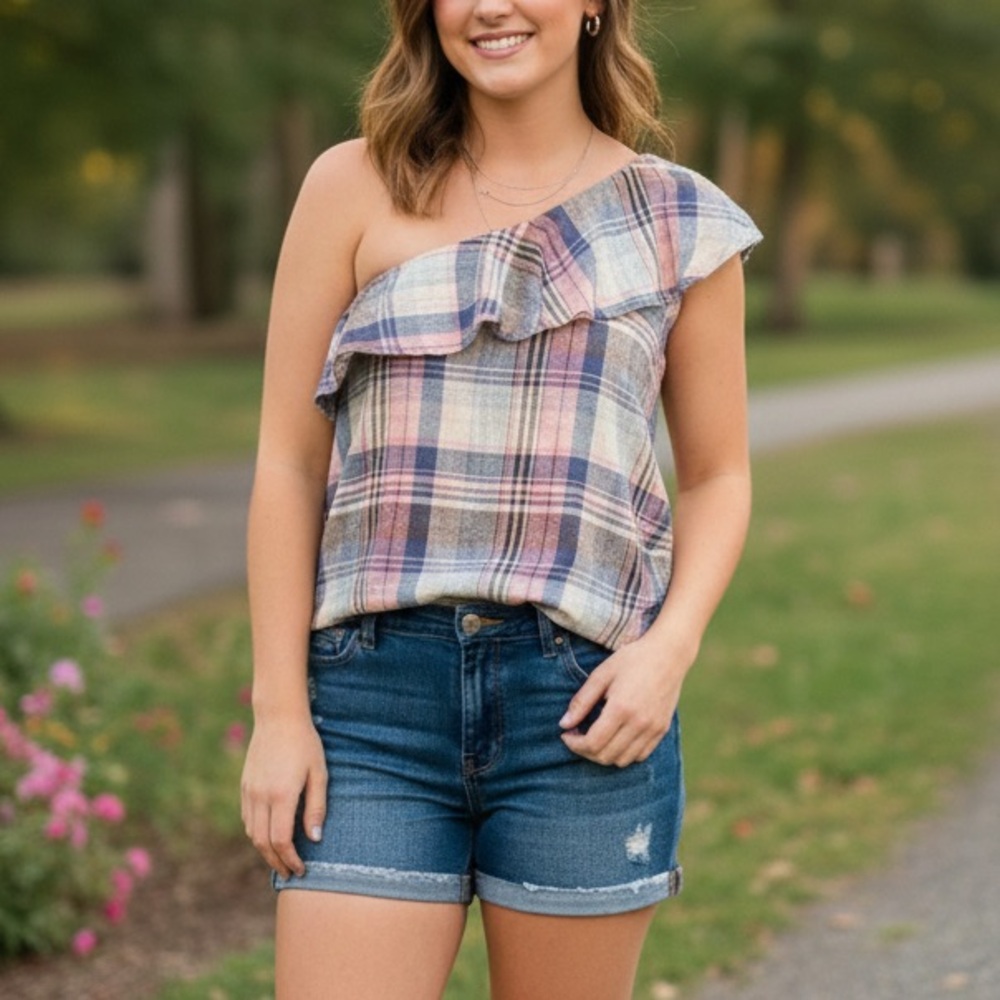 LAST CHANCE - Cloth & Stone | Anthropologie Plaid One-Shoulder Top